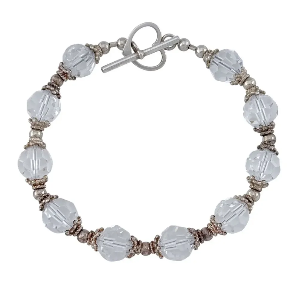 Vintage Sterling Silver 925 Clear Glass Bead Bracelet 7.5